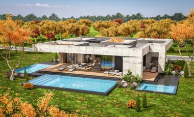 Modern tarzda yeni beton bir ev, havuz, park yeri ya da kira ve arka planda güzel bir peyzaj. Evin sadece bir katı var. Altın yapraklı güneşli bir sonbahar günü.