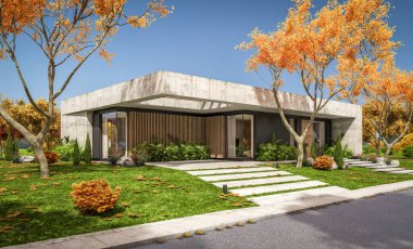 Modern tarzda yeni beton bir ev, havuz, park yeri ya da kira ve arka planda güzel bir peyzaj. Evin sadece bir katı var. Altın yapraklı güneşli bir sonbahar günü.
