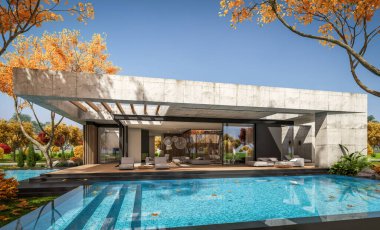 Modern tarzda yeni beton bir ev, havuz, park yeri ya da kira ve arka planda güzel bir peyzaj. Evin sadece bir katı var. Altın yapraklı güneşli bir sonbahar günü.