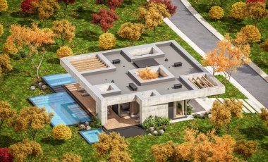 Modern tarzda yeni beton bir ev, havuz, park yeri ya da kira ve arka planda güzel bir peyzaj. Evin sadece bir katı var. Altın yapraklı güneşli bir sonbahar günü.