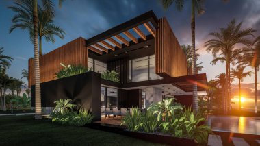 Park yeri ve havuzu olan ya da deniz ya da okyanus kıyısında ahşap cepheli modern konforlu bir ev. Tropikal adada palmiye ağaçları ve çiçeklerle masmavi sahilde gün batımı