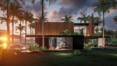 Park yeri ve havuzu olan ya da deniz ya da okyanus kıyısında ahşap cepheli modern konforlu bir ev. Tropikal adada palmiye ağaçları ve çiçeklerle masmavi sahilde gün batımı
