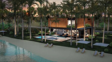 Park yeri ve havuzu olan ya da deniz ya da okyanus kıyısında ahşap cepheli modern konforlu bir ev. Tropikal adada palmiye ağaçları ve çiçeklerle masmavi sahilde gün batımı