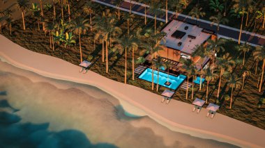 Park yeri ve havuzu olan ya da deniz ya da okyanus kıyısında ahşap cepheli modern konforlu bir ev. Tropikal adada palmiye ağaçları ve çiçeklerle masmavi sahilde gün batımı