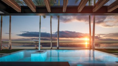 Park yeri ve havuzu olan ya da deniz ya da okyanus kıyısında ahşap cepheli modern konforlu bir ev. Tropikal adada palmiye ağaçları ve çiçeklerle masmavi sahilde gün batımı