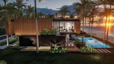 3d rendering of modern cozy house with parking and pool for sale or rent with wood plank facade by the sea or ocean. Sunset evening by the azure coast with palm trees and flowers in tropical island