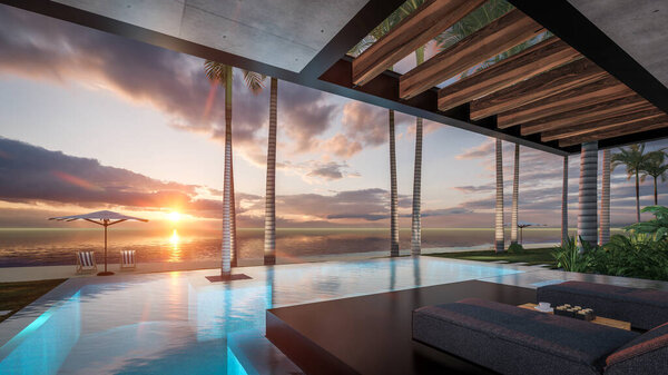 Трехмерный рендеринг современного уютного дома с парковкой и бассейном на продажу или в аренду с деревянным фасадом у моря или океана. Закатный вечер у лазурного побережья с пальмами и цветами на острове Эль