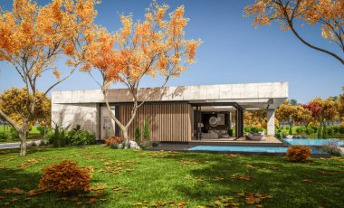 Modern tarzda yeni beton bir ev, havuz, park yeri ya da kira ve arka planda güzel bir peyzaj. Evin sadece bir katı var. Altın yapraklı güneşli bir sonbahar günü.