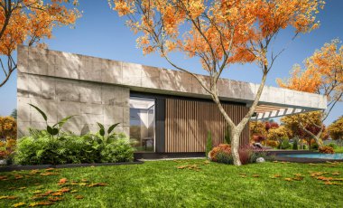 Modern tarzda yeni beton bir ev, havuz, park yeri ya da kira ve arka planda güzel bir peyzaj. Evin sadece bir katı var. Altın yapraklı güneşli bir sonbahar günü.