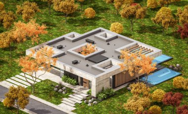 Modern tarzda yeni beton bir ev, havuz, park yeri ya da kira ve arka planda güzel bir peyzaj. Evin sadece bir katı var. Altın yapraklı güneşli bir sonbahar günü.