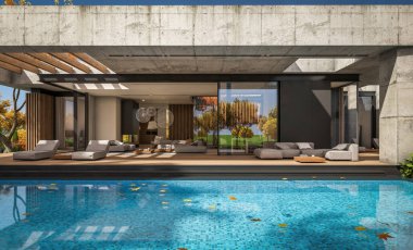 Modern tarzda yeni beton bir ev, havuz, park yeri ya da kira ve arka planda güzel bir peyzaj. Evin sadece bir katı var. Altın yapraklı güneşli bir sonbahar günü.