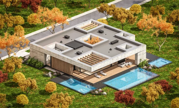 Rendering New Concrete House Modern Style Pool Parking Sale Rent — ストック写真