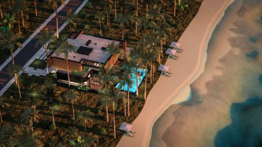 Park yeri ve havuzu olan ya da deniz ya da okyanus kıyısında ahşap cepheli modern konforlu bir ev. Tropikal adada palmiye ağaçları ve çiçeklerle masmavi sahilde gün batımı