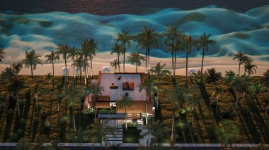 Park yeri ve havuzu olan ya da deniz ya da okyanus kıyısında ahşap cepheli modern konforlu bir ev. Tropikal adada palmiye ağaçları ve çiçeklerle masmavi sahilde gün batımı
