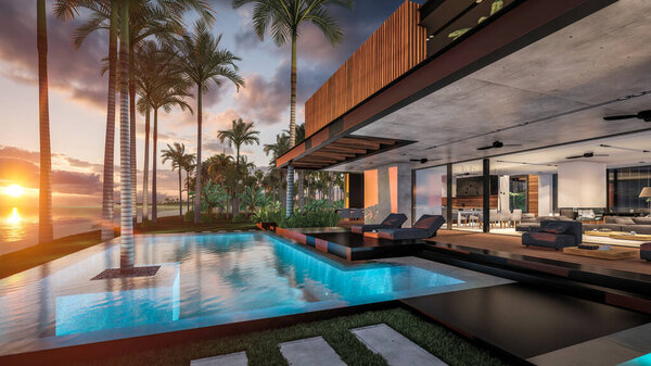 Трехмерный рендеринг современного уютного дома с парковкой и бассейном на продажу или в аренду с деревянным фасадом у моря или океана. Закатный вечер у лазурного побережья с пальмами и цветами на острове Эль