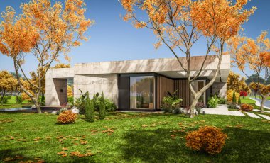 Modern tarzda yeni beton bir ev, havuz, park yeri ya da kira ve arka planda güzel bir peyzaj. Evin sadece bir katı var. Altın yapraklı güneşli bir sonbahar günü.