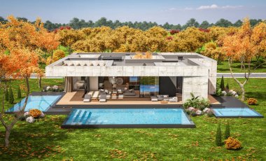 Modern tarzda yeni beton bir ev, havuz, park yeri ya da kira ve arka planda güzel bir peyzaj. Evin sadece bir katı var. Altın yapraklı güneşli bir sonbahar günü.