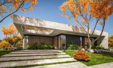 Modern tarzda yeni beton bir ev, havuz, park yeri ya da kira ve arka planda güzel bir peyzaj. Evin sadece bir katı var. Altın yapraklı güneşli bir sonbahar günü.