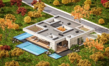 Modern tarzda yeni beton bir ev, havuz, park yeri ya da kira ve arka planda güzel bir peyzaj. Evin sadece bir katı var. Altın yapraklı güneşli bir sonbahar günü.