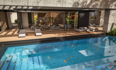 Modern tarzda yeni beton bir ev, havuz, park yeri ya da kira ve arka planda güzel bir peyzaj. Evin sadece bir katı var. Altın yapraklı güneşli bir sonbahar günü.