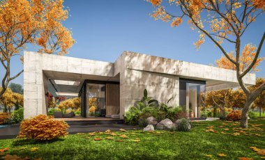 Modern tarzda yeni beton bir ev, havuz, park yeri ya da kira ve arka planda güzel bir peyzaj. Evin sadece bir katı var. Altın yapraklı güneşli bir sonbahar günü.