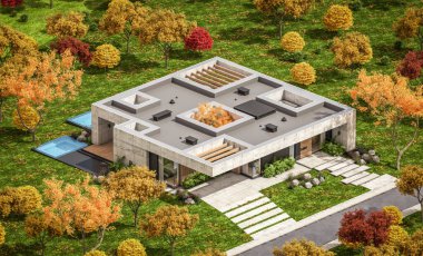 Modern tarzda yeni beton bir ev, havuz, park yeri ya da kira ve arka planda güzel bir peyzaj. Evin sadece bir katı var. Altın yapraklı güneşli bir sonbahar günü.