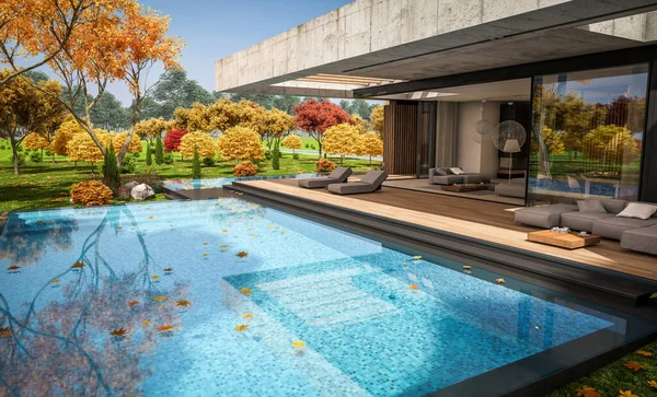 Rendering New Concrete House Modern Style Pool Parking Sale Rent — Zdjęcie stockowe