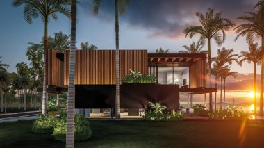 Park yeri ve havuzu olan ya da deniz ya da okyanus kıyısında ahşap cepheli modern konforlu bir ev. Tropikal adada palmiye ağaçları ve çiçeklerle masmavi sahilde gün batımı