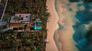 Park yeri ve havuzu olan ya da deniz ya da okyanus kıyısında ahşap cepheli modern konforlu bir ev. Tropikal adada palmiye ağaçları ve çiçeklerle masmavi sahilde gün batımı