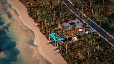 Park yeri ve havuzu olan ya da deniz ya da okyanus kıyısında ahşap cepheli modern konforlu bir ev. Tropikal adada palmiye ağaçları ve çiçeklerle masmavi sahilde gün batımı