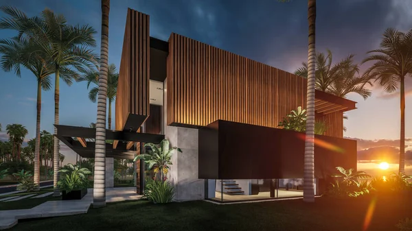 Rendering Modern Cozy House Parking Pool Sale Rent Wood Plank — ストック写真