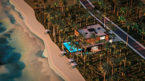 Park yeri ve havuzu olan ya da deniz ya da okyanus kıyısında ahşap cepheli modern konforlu bir ev. Tropikal adada palmiye ağaçları ve çiçeklerle masmavi sahilde gün batımı