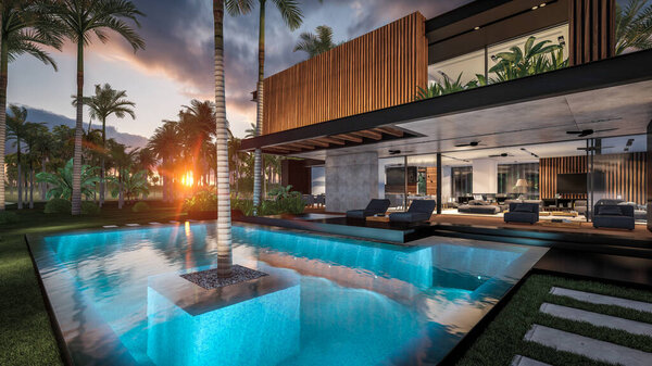 Трехмерный рендеринг современного уютного дома с парковкой и бассейном на продажу или в аренду с деревянным фасадом у моря или океана. Закатный вечер у лазурного побережья с пальмами и цветами на острове Эль