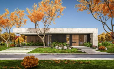 Modern tarzda yeni beton bir ev, havuz, park yeri ya da kira ve arka planda güzel bir peyzaj. Evin sadece bir katı var. Altın yapraklı güneşli bir sonbahar günü.