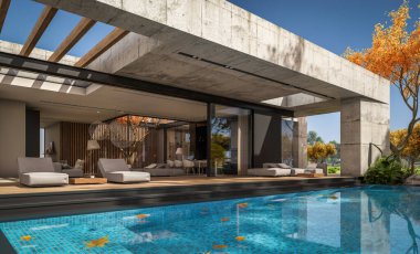 Modern tarzda yeni beton bir ev, havuz, park yeri ya da kira ve arka planda güzel bir peyzaj. Evin sadece bir katı var. Altın yapraklı güneşli bir sonbahar günü.