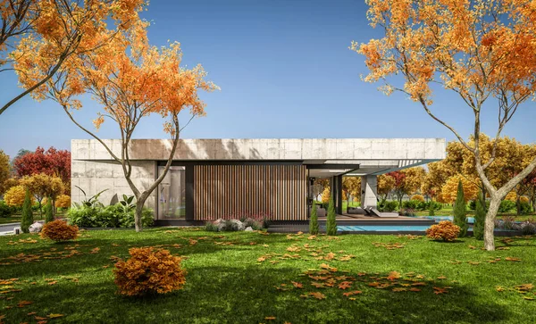 Modern tarzda yeni beton bir ev, havuz, park yeri ya da kira ve arka planda güzel bir peyzaj. Evin sadece bir katı var. Altın yapraklı güneşli bir sonbahar günü.