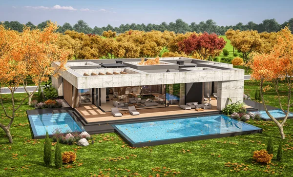 Representación Nueva Casa Hormigón Estilo Moderno Con Piscina Aparcamiento Venta — Foto de Stock