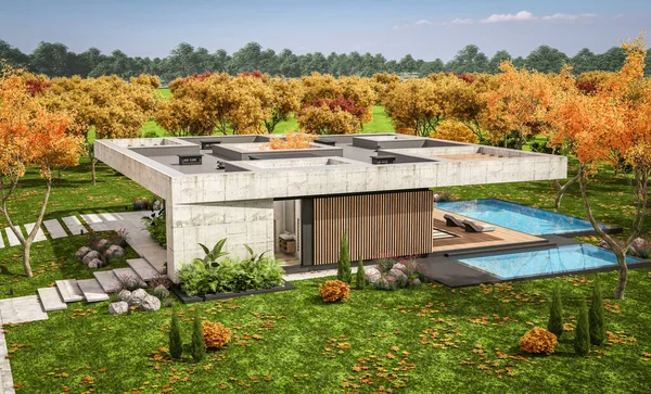 Rendering New Concrete House Modern Style Pool Parking Sale Rent — ストック写真