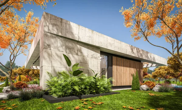 Modern tarzda yeni beton bir ev, havuz, park yeri ya da kira ve arka planda güzel bir peyzaj. Evin sadece bir katı var. Altın yapraklı güneşli bir sonbahar günü.