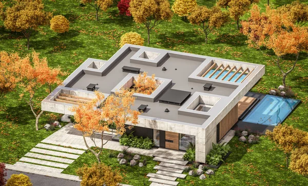 Rendering New Concrete House Modern Style Pool Parking Sale Rent — ストック写真