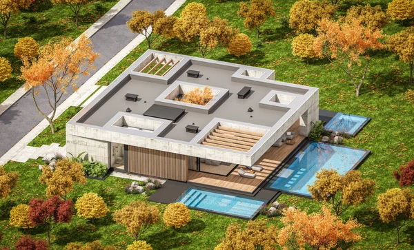 Modern tarzda yeni beton bir ev, havuz, park yeri ya da kira ve arka planda güzel bir peyzaj. Evin sadece bir katı var. Altın yapraklı güneşli bir sonbahar günü.