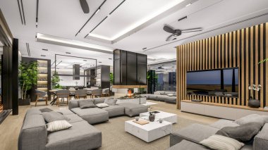 3d rendering of modern cozy interior with living,dining zone stair and kitchen for sale or rent with wood plank by the sea or ocean. Spacious apartments with expensive furniture,equipment and flowers