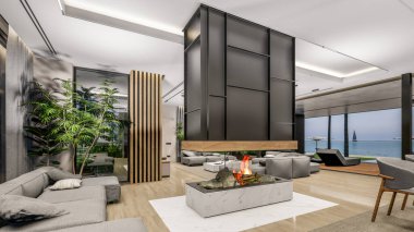 3d rendering of modern cozy interior with living,dining zone stair and kitchen for sale or rent with wood plank by the sea or ocean. Spacious apartments with expensive furniture,equipment and flowers