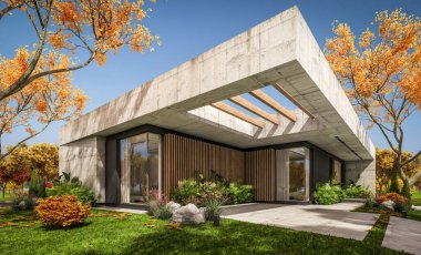 Modern tarzda yeni beton bir ev, havuz, park yeri ya da kira ve arka planda güzel bir peyzaj. Evin sadece bir katı var. Altın yapraklı güneşli bir sonbahar günü.