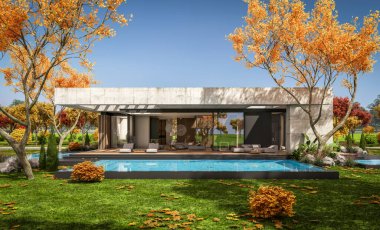 Modern tarzda yeni beton bir ev, havuz, park yeri ya da kira ve arka planda güzel bir peyzaj. Evin sadece bir katı var. Altın yapraklı güneşli bir sonbahar günü.