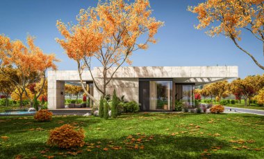 Modern tarzda yeni beton bir ev, havuz, park yeri ya da kira ve arka planda güzel bir peyzaj. Evin sadece bir katı var. Altın yapraklı güneşli bir sonbahar günü.