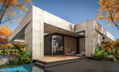 Modern tarzda yeni beton bir ev, havuz, park yeri ya da kira ve arka planda güzel bir peyzaj. Evin sadece bir katı var. Altın yapraklı güneşli bir sonbahar günü.
