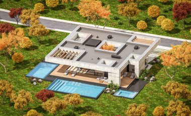 Modern tarzda yeni beton bir ev, havuz, park yeri ya da kira ve arka planda güzel bir peyzaj. Evin sadece bir katı var. Altın yapraklı güneşli bir sonbahar günü.