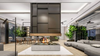 3d rendering of modern cozy interior with living,dining zone stair and kitchen for sale or rent with wood plank by the sea or ocean. Spacious apartments with expensive furniture,equipment and flowers