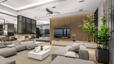 3d rendering of modern cozy interior with living,dining zone stair and kitchen for sale or rent with wood plank by the sea or ocean. Spacious apartments with expensive furniture,equipment and flowers